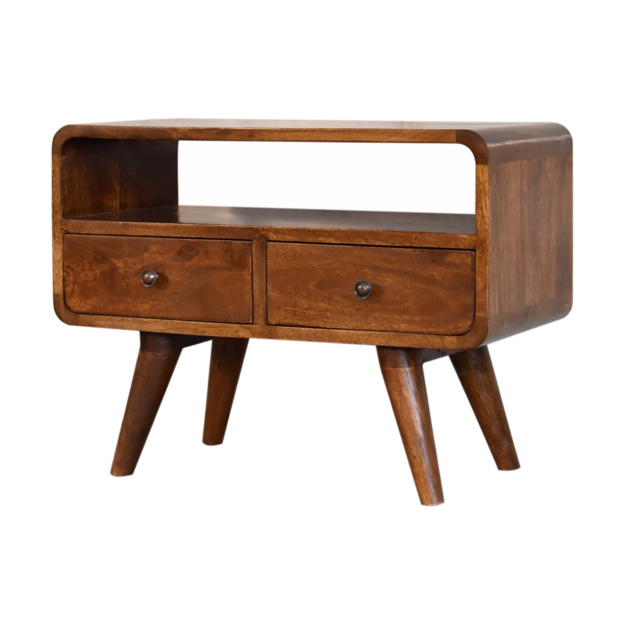 Rounded Media Unit with 2 Drawers in Chestnut Finish