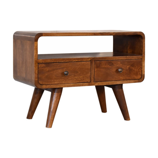 Rounded Media Unit with 2 Drawers in Chestnut Finish